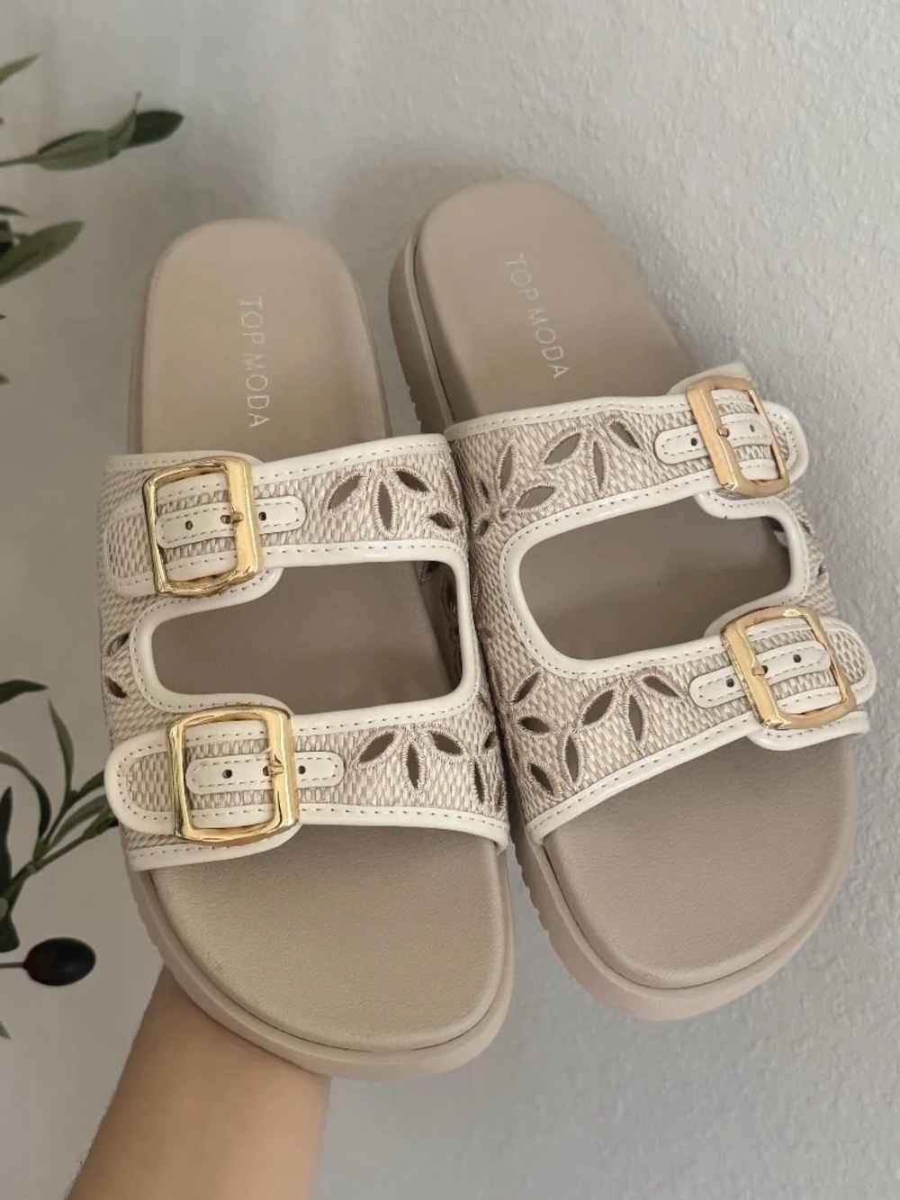 Top Moda Cream Double-Buckle Sandals with Gold Buckles size 8